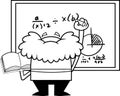 Outlined Funny Science Professor Cartoon Character With A Textbook Writes Complex Formulas On Chalkboard