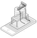 Outlined gasoline cistern, isometric building in mobile phone. Gas tank on pillars in communication technology, paraphrase. Royalty Free Stock Photo