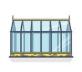 Outlined greenhouse with glass walls, foundations, garden bed