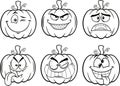 Outlined Halloween Pumpkin Cartoon Emoji Face Characters. Vector Hand Drawn Collection Set
