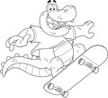 Outlined Happy Alligator Or Crocodile Cartoon Character Jumping With Skateboard