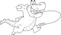 Outlined Happy Alligator Or Crocodile Cartoon Character Running With A Surfboard