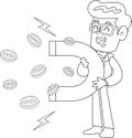 Outlined Happy Businessman Cartoon Character Holding A Horseshoe Magnet Attracting Coins Royalty Free Stock Photo