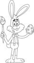 Outlined Happy Cartoon Character Rabbit Painting Easter Eggs