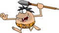 Outlined Happy Caveman Cartoon Character Hunting With A Spear