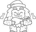 Outlined Happy Christmas Yeti Bigfoot Cartoon Character With Christmas Gift Leg Meat