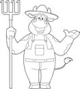 Outlined Happy Cow Farmer Cartoon Character Holding A Rake Royalty Free Stock Photo