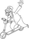 Outlined Happy Granny Cartoon Character Driving Scooter And Waving