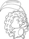 Outlined Happy Hedgehog Cartoon Character Running Holds A Plant Leaf