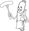 Outlined Happy Sausage Chef Cartoon Character Holding Beer And Sausage On A Fork