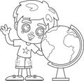 Outlined Happy School Boy Cartoon Character Showing The Globe Royalty Free Stock Photo