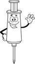 Outlined Happy Syringe Vaccine Cartoon Character Waving For Greeting