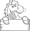 Outlined Horse Cartoon Character over A Blank Wood Sign biting a Bouquet