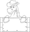 Outlined Horse Cartoon Mascot Character With Cowboy Hat Over A Blank Wooden Sign Board