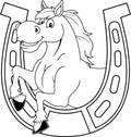 Outlined Horse Cartoon Mascot Character In A Horseshoe