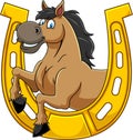 Outlined Horse Cartoon Mascot Character In A Horseshoe