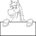 Outlined Horse Cartoon Mascot Character Over A Blank Sign