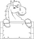 Outlined Horse Cartoon Mascot Character Over A Blank Wooden Sign Board