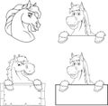 Outlined Horse Cartoon Mascot Characters Over A Blank Sign Board. Vector Collection Set