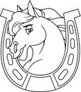 Outlined Horse Head Cartoon Mascot Character In A Horseshoe