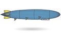 Outlined huge zeppelin airship filled with hydrogen. Blue yellow stylized flying balloon. Big dirigible, propellers and rudder. Lo