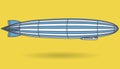 Outlined huge zeppelin airship filled with hydrogen. Blue yellow stylized flying balloon. Big dirigible, propellers and rudder. Lo Royalty Free Stock Photo