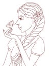 Outlined illustration of a pretty smiling girl with a butterfly