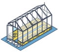 Outlined isometric greenhouse with glass walls, foundations, garden bed Royalty Free Stock Photo