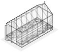 Outlined isometric greenhouse with glass walls, foundations, garden bed. Royalty Free Stock Photo