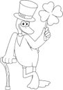 Outlined Lucky Duck Leprechaun Cartoon Character Holding A Leaf Clover