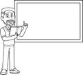Outlined Male Teacher Cartoon Character Read From A Textbook And Pointing To Chalk Board Royalty Free Stock Photo