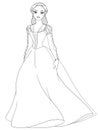 Outlined medieval lady in long dress. Coloring page vector