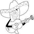 Outlined Mexican Hot Chili Pepper Cartoon Character Singing With A Guitar