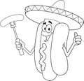 Outlined Mexican Hot Dog Cartoon Character Holding A Sausage On A Fork And Showing Thumbs Up