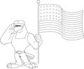 Outlined Military Patriotic Eagle Cartoon Character Salute And Flashes US Flag