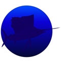 Outlined Navy Blue Sailfish Silhouette in a deep sea blue circle