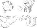 Outlined Ocean Or Sea Animals Cartoon Characters Different Poses