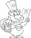 Outlined Patriotic Beaver Cartoon Character Holding Mug Of Beer And Waving Canadian Flag Royalty Free Stock Photo