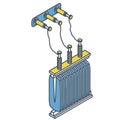 Outlined power plant detail. Power station element. Electric transformer isometric building