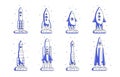 Outlined rockets, spaceships, cosmic shuttles, missiles, rocketships set. Space ships launching, taking off and flying