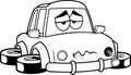 Outlined Sad Car Cartoon Character Crashed And Broken Vehicle