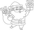 Outlined Santa Claus Cartoon Character Holding Up A Gift Box