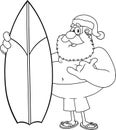 Outlined Santa Claus Cartoon Character With A Surfboard Giving A Thumb Up