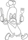 Outlined Sausage Chef Retro Cartoon Character With Knife And Fork Running