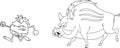 Outlined Scared Caveman Escape From Angry Giant Wild Boar Cartoon Characters