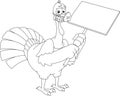 Outlined Scared Turkey Cartoon Characters Masked As A Pig Holds A Sign