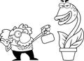 Outlined Science Professor Cartoon Character Spraying Evil Carnivorous Plant Royalty Free Stock Photo