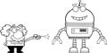 Outlined Science Professor Cartoon Character Using Remote To Enable Big Robot Control