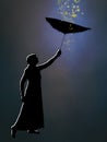 Outlined silhouette of woman in long skirt with inside out umbrella, catching dreams, falling stars. Royalty Free Stock Photo