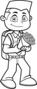 Outlined Smiling Boy Cartoon Character Goes To School Carrying A Bouquet Of Flowers